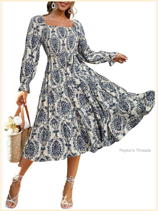 Dresses & Skirts - Long Sleeve Maxi Dress Square Neck Smocked Flowy Tiered Wedding Guest